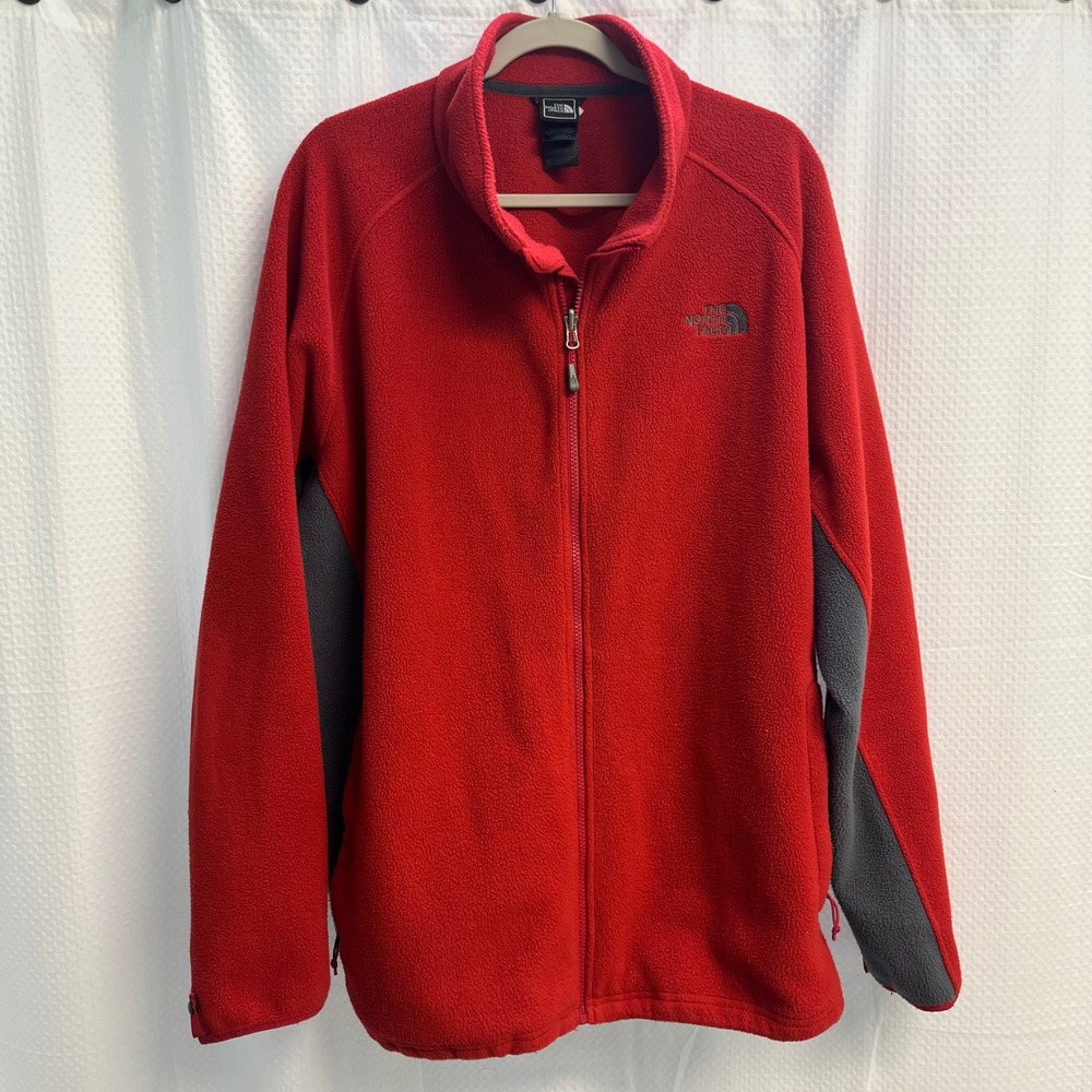 The North Face Mens XXL Red Gray Full Zip Fleece Jacket Mock Neck Cinch Hem